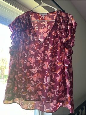 DR2 Burgundy Floral V-Neck Ruffle Sleeve Blouse